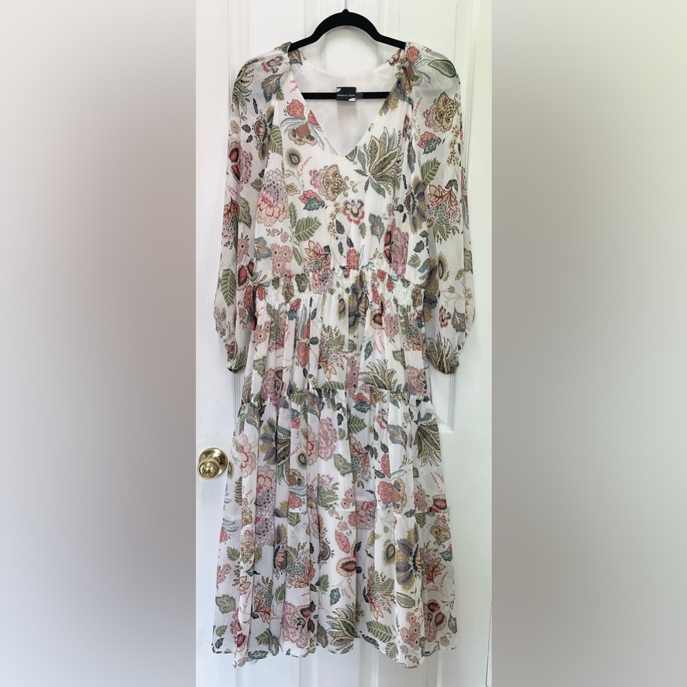 Maison Tara Floral Smocked Waist V Neck Sheer 3/4 Sleeve Lined Dress Size 14W